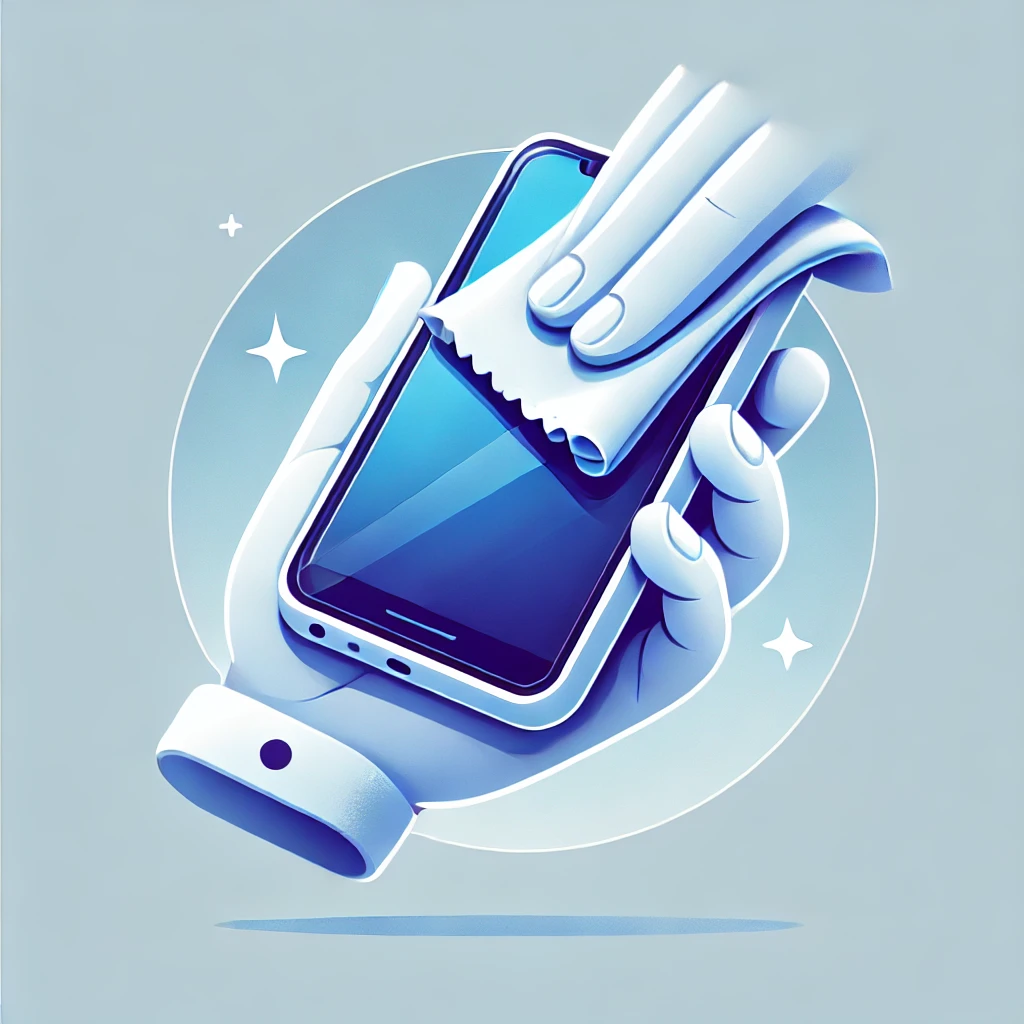 DALL·E 2025-03-26 14.25.29 - A clean and modern illustration of a smartphone being cleaned with a microfiber cloth, showcasing proper maintenance techniques. The scene is bright a